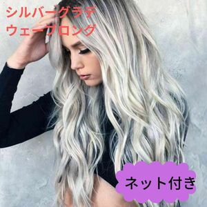 669　ウェーブロング　フルウィッグ　WIG かつら　コスプレ　シルバー　グラデーション　変装　女装　ロングヘアー　かっこいい