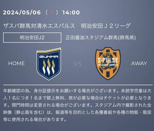 5月6日 ザスパ群馬 VS 清水エスパルス バック自由席 チケット 2枚 ペア 即決