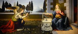 レオナルド・ダヴィンチ『受胎告知』 1475年頃 25x55cm 複製ポスター ◆ミケランジェロ ラファエロ 絵画 油絵 ルネサンス