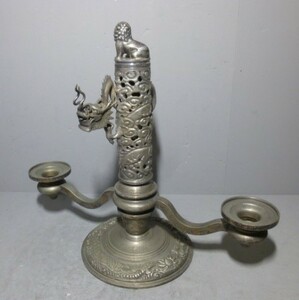 【史】真鍮製 キャンドルスタンド アジアンアンティーク 燭台 回転式 獅子と龍 珍品