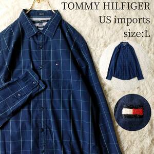 【一点物・US古着アメリカ輸入】TOMMY HILFIGER 長袖シャツ Lサイズ チェックシャツ チェック柄 格子柄 ウィンドウペン ネイビー 紺色