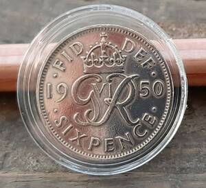幸せのシックスペンス イギリス 1950年ラッキー6ペンス 本物古銭英国コインコインカプセル付き美品です19.5mm