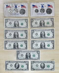 アメリカ合衆国、建国200周年記念　特別限定販売品×2枚&同国1ドル紙幣×7枚、10ドル紙幣×1枚、20ドル紙幣×1枚のセット