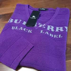 【新品未使用】 BURBERRY BLACKLABEL バーバリーブラックレーベル Ｖネック長袖セーター サイズ3(L) ロゴジャガード仕様　ヴァイオレット