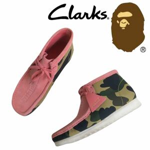 極美品 A BATHING APE × CLARKS キャンバス×スウェード ワラビー モカシン チャッカブーツ 革靴 メンズ26.5cm エイプ クラークス 2404258