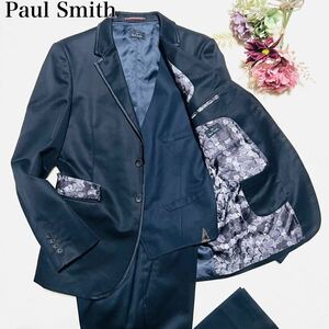 未使用級【至高の逸品】PaulSmith コイン柄 スーツ スリーピース ポールスミス 総柄 光沢 セットアップ コーデ L ブラック ビジネス メンズ