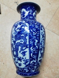 W608. 中国【大康熙年製】青花 染付 五爪龍文 花器 高さ35.7cm / 陶器陶芸時代花瓶壷1GXX80