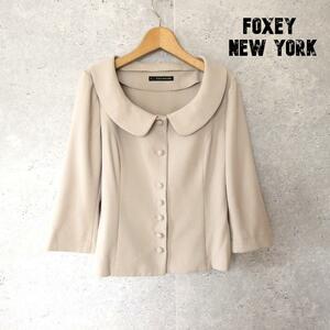 美品 FOXEY NEW YORK フォクシーニューヨーク サイズ40 2WAY 襟付き 七分袖 シングルジャケット ノーカラージャケット ベージュ