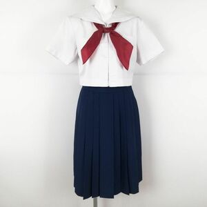 1円 セーラー服 スカート スカーフ 上下3点セット 夏物 白3本線 女子 学生服 福岡修猷館高校 白 制服 中古 ランクC NA0841