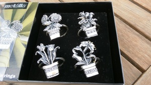  ピューター製 ナプキン リング フラワーポット 4セット：Set of 4 Pewter Napkin Rings Flower Pots