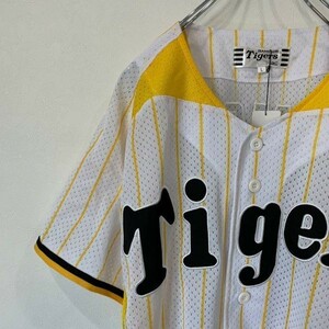 [KWT2062]Mizuno ＃4 UEMOTO 新品タグ付き HANSHIN Tigers ベイスボールシャツ L イエロー×ホワイト L ポス