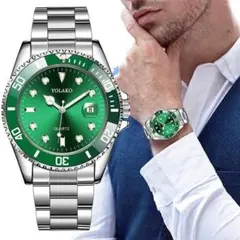 670在庫わずか 新品☆メンズ ビジネス クォーツ 腕時計 シルバー×グリーン