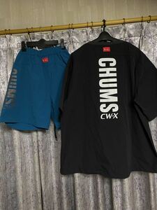 チャムス CHUMS ワコール CWX cw-x コラボ 上下セット セットアップ 新品 ハーフパンツ シャツ パンツ 黒 青L エアトレイル Tシャツ メンズ