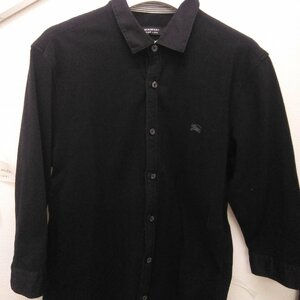 2779 BURBERRY BLACK LABEL ７部袖シャツ サイズ：3 コットン ブラック 黒 無地 胸ロゴ 長袖シャツ バーバリー