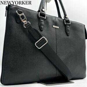 美品 2way NEWYORKER ニューヨーカー メンズ ビジネスバッグ ブリーフケース 斜め掛け ショルダー ブラック レザー 本革 エクスパンダブル 