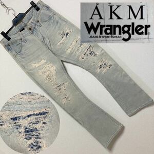 美品 コラボ■AKM Wrangler■刺し子 リメイク デニム ブーツカット S アイスブルー クラッシュ フレアー ハードリペア wjk 定価43000円程