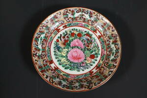 【和】(8630)　時代古作　唐物　色絵花文図皿　平鉢　粉彩