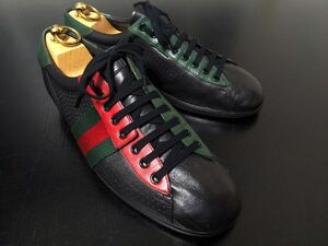 美品 グッチ 8 GUCCI アシメトリーシェリーラインデザイン レザースニーカー 黒 8474