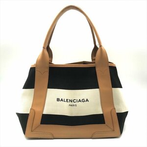 1円 良品 BALENCIAGA バレンシアガ ネイビー カバス ボーダー キャンバス レザー ハンド バッグ ポーチ付 黒 ベージュ a3233