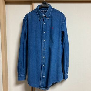 90s Ralph Lauren ラルフローレン デニムシャツ 長袖シャツ ボタンダウンシャツ メンズ ワンポイント Lサイズ 100% COTTON