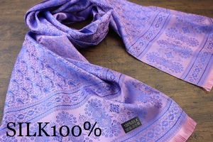 新品 春色 薄手【シルク100% SILK】ペイズリー柄 シャインピンク×シャインブルー S.PINK×S.BLUE 大判 ストール/スカーフ