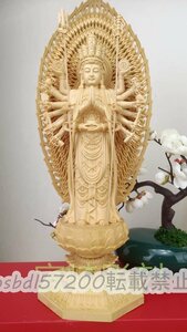 ◆芸術品◆仏教美術 宮崎彫刻 木彫仏像 細工彫『十一面千手観音菩薩立像』十二支守り本尊 総高43cm