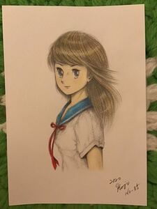 手書きイラスト　女の子　★セーラー服の少女　NO .35 ★鉛筆　色鉛筆　ボールペン　★画用紙　★サイズ16.5×11.5㎝　★新品