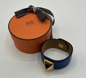 240314194003 【1円～！】HERMES エルメス メドール レザー ゴールド金具 ブレス バングル アクセサリー レディース ブルー 箱付 中古