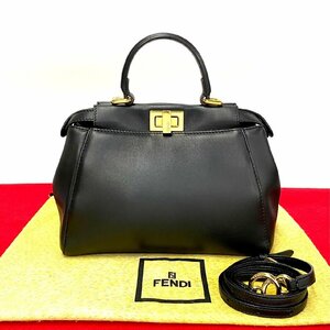 ほぼ未使用 FENDI フェンディ ピーカブー スモール ターンロック ロゴ 金具 レザー 2way ハンドバッグ ショルダーバッグ ブラック -4007