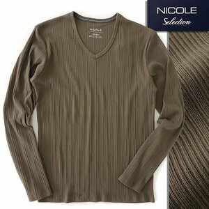 新品 ニコル ランダム テレコ Vネック 長袖 カットソー 50(XL) カーキ 【I51324】 NICOLE Selection 春夏 Tシャツ ロンT リブ コットン