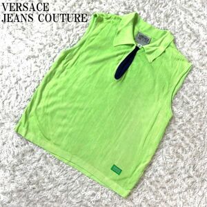 ヴェルサーチジーンズクチュール ノースリーブ ポロシャツ 黄緑 VERSACE JEANS COUTURE ニット素材 ライトグリーン 小さいサイズ XS B1351