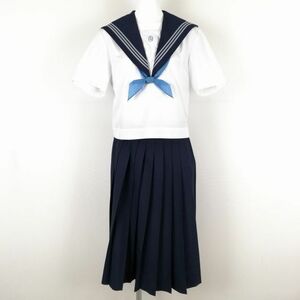 1円 セーラー服 スカート スカーフ 上下3点セット 夏物 グレー3本線 女子 学生服 高知岡豊高校 白 制服 中古 ランクC NA3280