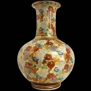 薩摩焼 薩摩連山 花瓶 花器 花入れ 金彩色絵大花瓶 扇面 飾り壺 高さ約39cm インテリア 華道具 茶道具 古美術