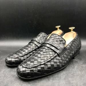 M1968 良品 BOTTEGA VENETA ボッテガヴェネタ イントレチャート レザー ローファー メンズ 39/24.5cm 相当 ブラック イタリア製