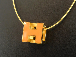 1円スタート 【HERMES エルメス】 カージュドアッシュ Hキューブ ネックレス ペンダントトップ ゴールド×オレンジ アクセサリー 装飾小物