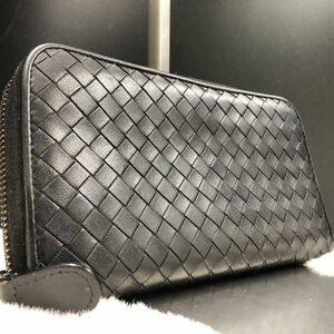 【美品】BOTTEGA VENETA ボッテガヴェネタ 長財布 ラウンドファスナー イントレチャート 編み込み レザー 本革 ブラック メンズ ビジネス