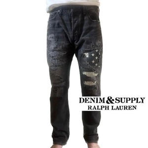 定価＄165◆DENIM&SUPPLY ラルフローレン デニム＆サプライ slim 34×32 スリムストレート デニムパンツ ワッペン 星条旗 ダメージ 黒