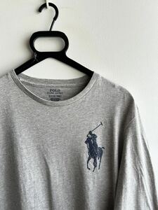 【美品】POLO RALPH LAUREN カットソー 長袖 Tシャツ メンズ S 170/92A グレー×ネイビー ビッグポニー×ロゴ ロンT ポロ ラルフローレン