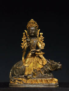 ▽鴻▽ 銅製 塗金 騎獣觀音像 置物 古賞物 中国古玩 中国古美術
