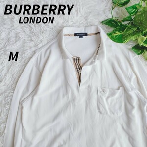 ■美品■M位■BURBERRY LONDON バーバリー ロンドン 長袖 ポロシャツ ノバチェック ホースロゴ刺繍 刻印ボタン ホワイト 白 春夏 男女兼用