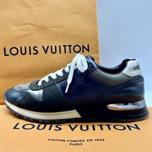 1円【美品】 LOUIS VUITTON ルイヴィトン 【王者の風格】 ダミエ メンズ スニーカー シューズ 靴 LVプレート レザー ネイビー 5 1/2 25cm位