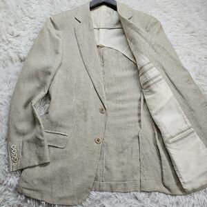 美品!ブリオーニ/Brioni【ホップサック織×シルクリネン×裏地ロゴ柄】テーラードジャケット ベージュ ストライプ 48/L位 絹麻 背抜き 春夏