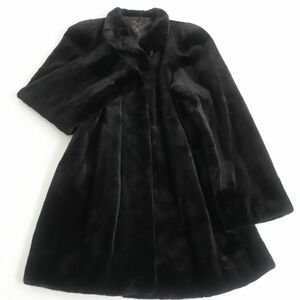 極美品★OS FUR　MINK　シェアードミンク　裏地総柄デザイン　本毛皮セミロングコート　ダークブラウン　F　毛質柔らか◎