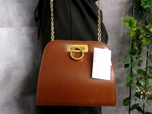 ●超美品●Salvatore Ferragamo フェラガモ●ガンチーニ●カーフ レザー 本革●チェーン ショルダー バッグ●キャメル●G金具●Js46481