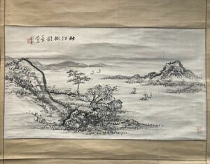 【模写】【中国掛軸】一堂学人藍鶴「水墨山水図」紙本 検)南画/文人画 南宋画 墨蹟/書画/掛け軸/中国/風景/藍瑛