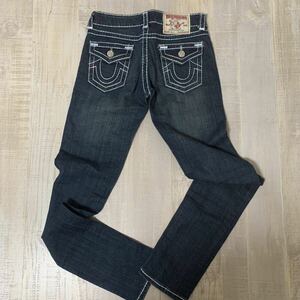 【極美品 USA製 白ステッチ】TRUE RELIGION BILLY 濃紺 ユーズド加工 スキニー ストレッチ デニム パンツ サイズ25 インディゴ トゥルーレ