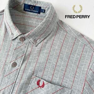 フレッドペリー FRED PEARLY ボタンダウン カットソー 長袖シャツ L 杢 グレー レッド ストライプ シャツ 