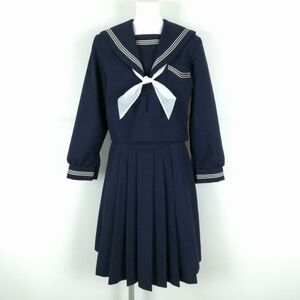 1円 セーラー服 スカート スカーフ 上下3点セット 冬物 白3本線 女子 学生服 中学 高校 紺 制服 中古 ランクC NA1804