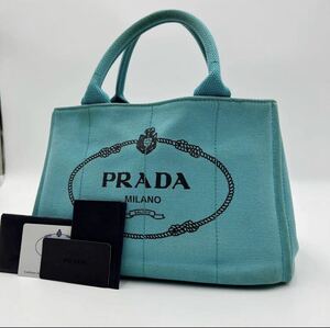 1円【超稀品】PRADA プラダ カナパ ハンドバッグ トートバッグ カード有 ロゴ プレート ブルー系 キャンバス 2way ツーウェイ ギャラ付き