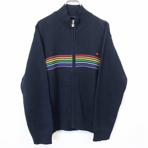 エレッセ ellesse ジップアップ ニット カーディガン モックネック レインボーボーダー 長袖 綿100% コットン S ネイビー 紺 メンズ 男性